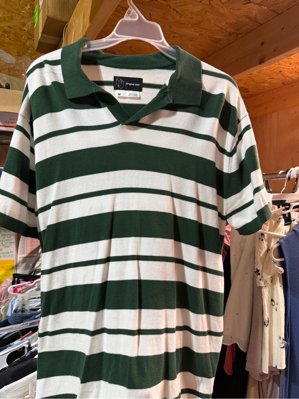 Original Use Green and White Striped Polo Shirt